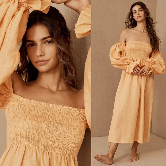 SLEEPER Atlanta Linen Off-Shoulder Midi Dress Coral Orange Size Medium NWT - Picture 2 of 12